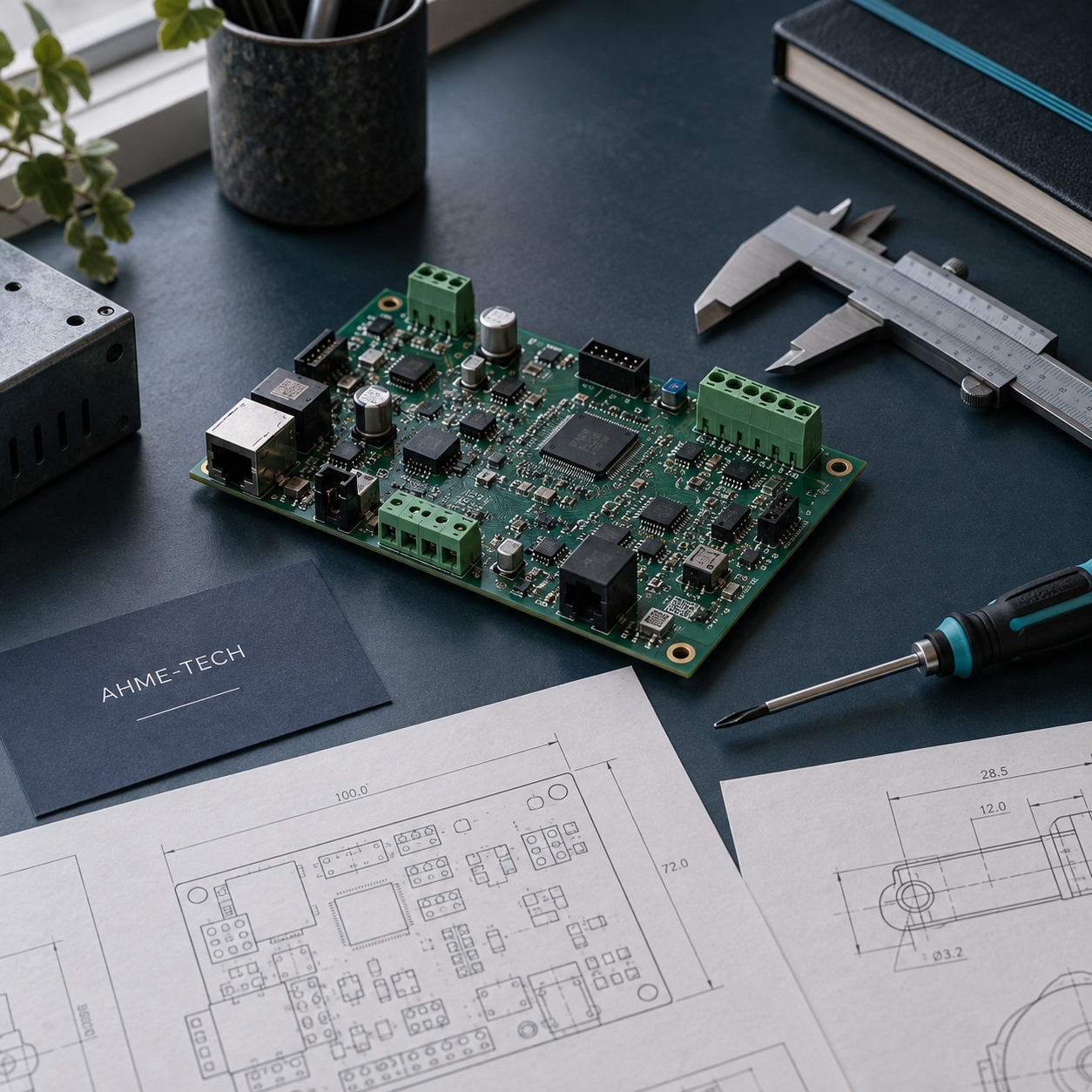 Prototype électronique AHME-TECH présenté sur un bureau d’étude